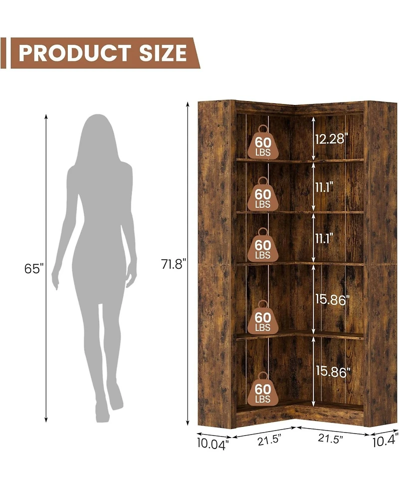 gaomon 5-Tier Farmhouse Corner Bookcase, 71.8" L-Shaped Brown Display Shelf with Storage, Living Room, Home Office