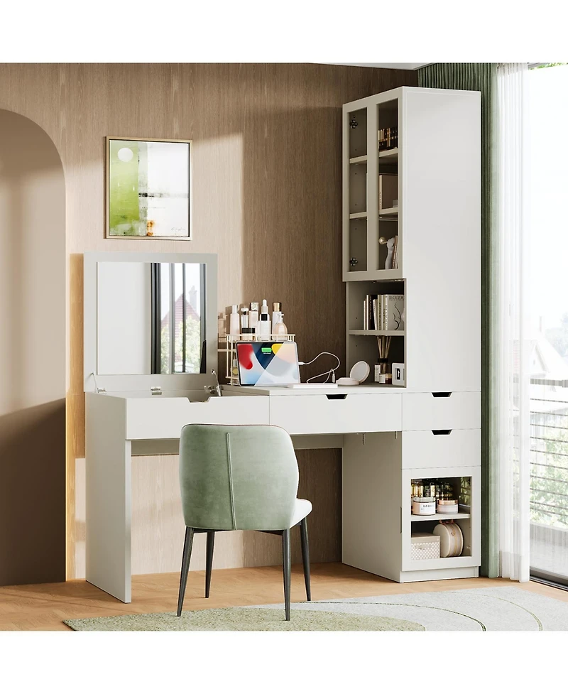Streamdale Vanity Desk with Mirror, Charging, Storage, Drawers & Shelves - White