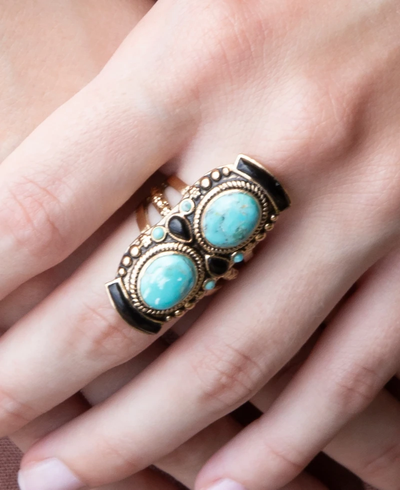 Barse Double Up Blue Turquoise and Black Onyx Golden Ring
