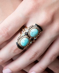 Barse Double Up Blue Turquoise and Black Onyx Golden Ring
