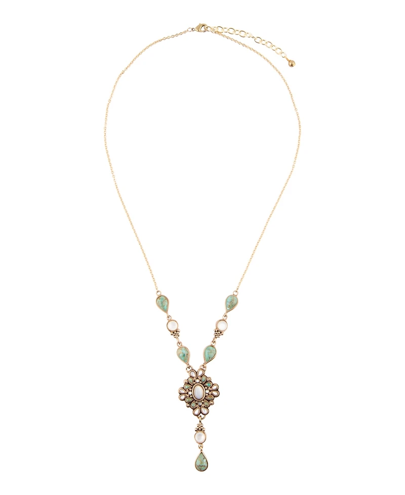 Barse White Mother of Pearl and Blue Turquoise Golden Barcelona Y-Necklace
