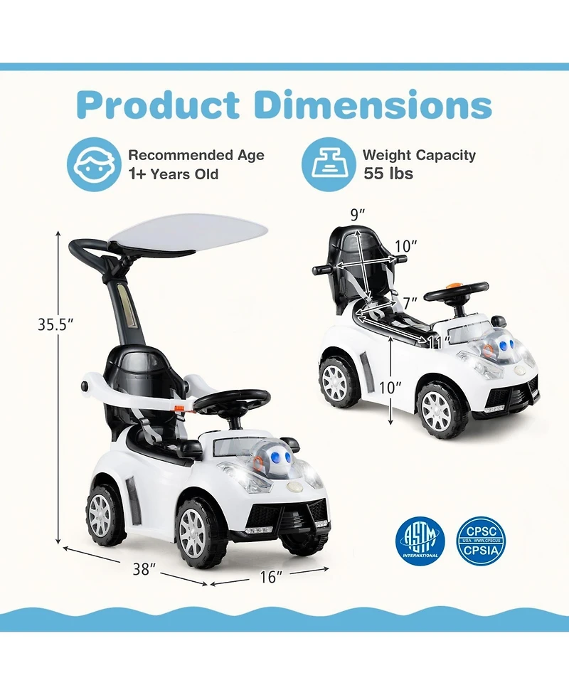 Hongge 3 In 1 Toddler Push Car Ride On Toy With Adjustable Canopy Storage And Handle