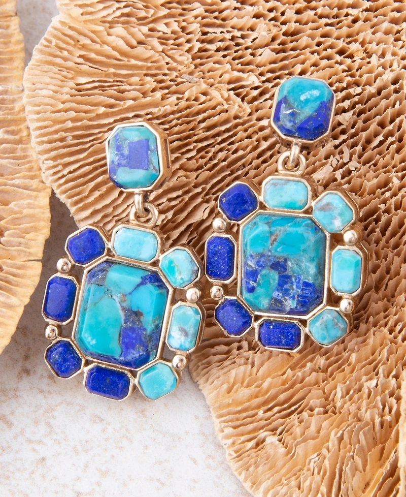 Barse Duality Blue Lapis and Turquoise Golden Drop Earrings