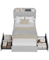 gaomon Boucle Storage Bed with Built-In Bookcase, 2 Drawers, Sturdy Frame, No Box Spring Required