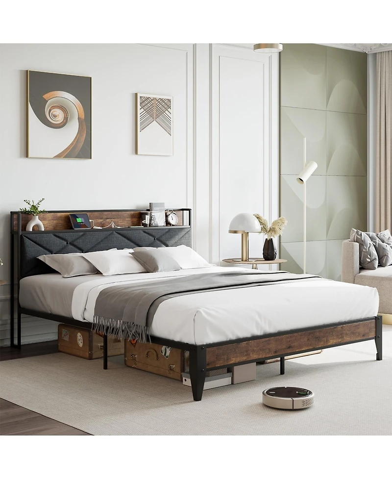 gaomon Mdf Platform Bed Frame 11” Storage Charging Port Upholstered Wingback Headboard Grey