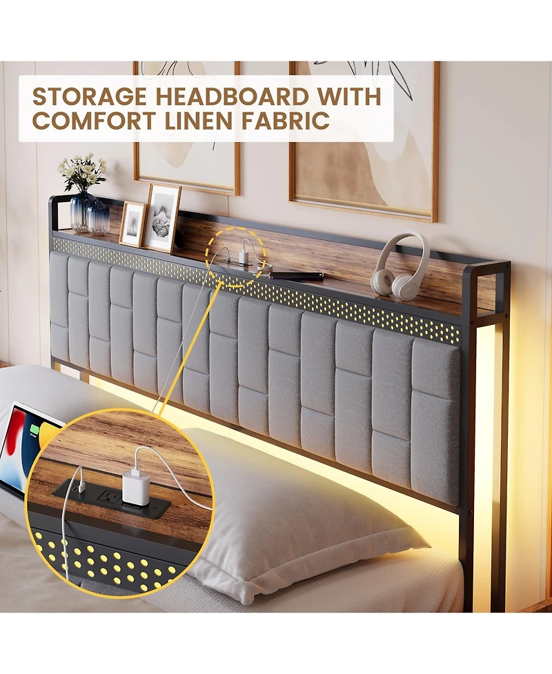 gaomon King Bed Frame with Storage Headboard Led Platform Bed Charging Station