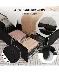gaomon Queen Bed Frame Black Upholstered 4 Storage Drawers Wingback Headboard Charging Station Button Tufted