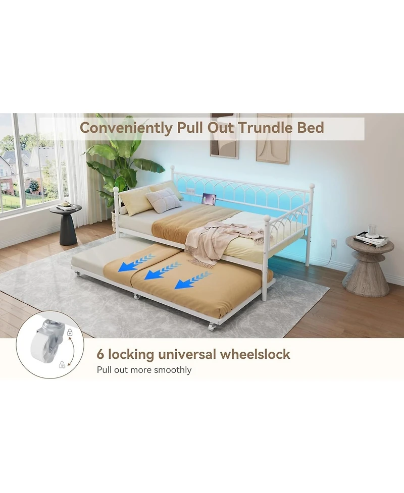 gaomon Twin Size Metal Daybed with Trundle Charging Station Led Lights Sofa Bed