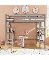 Gymax Twin Solid Wood Loft Bed w/ Desk & Bookshelves Ladder Guardrails