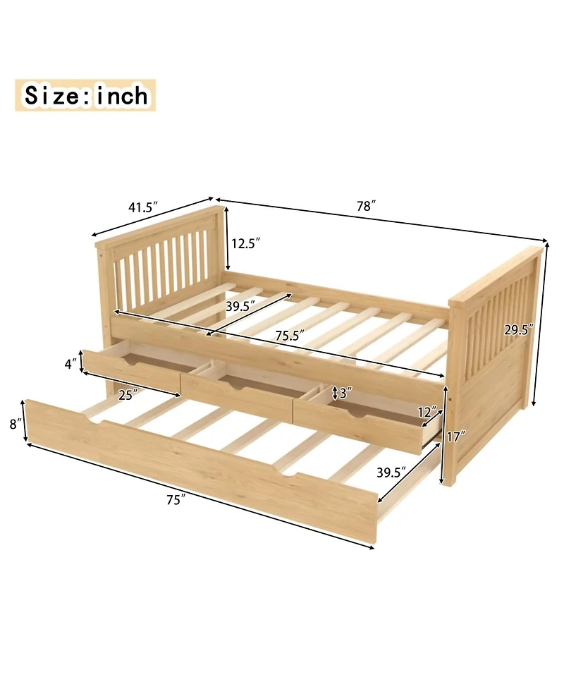 Streamdale Furniture Twin Platform Bed with Drawers, Solid Wood Daybed, No Spring Box Needed, Natural