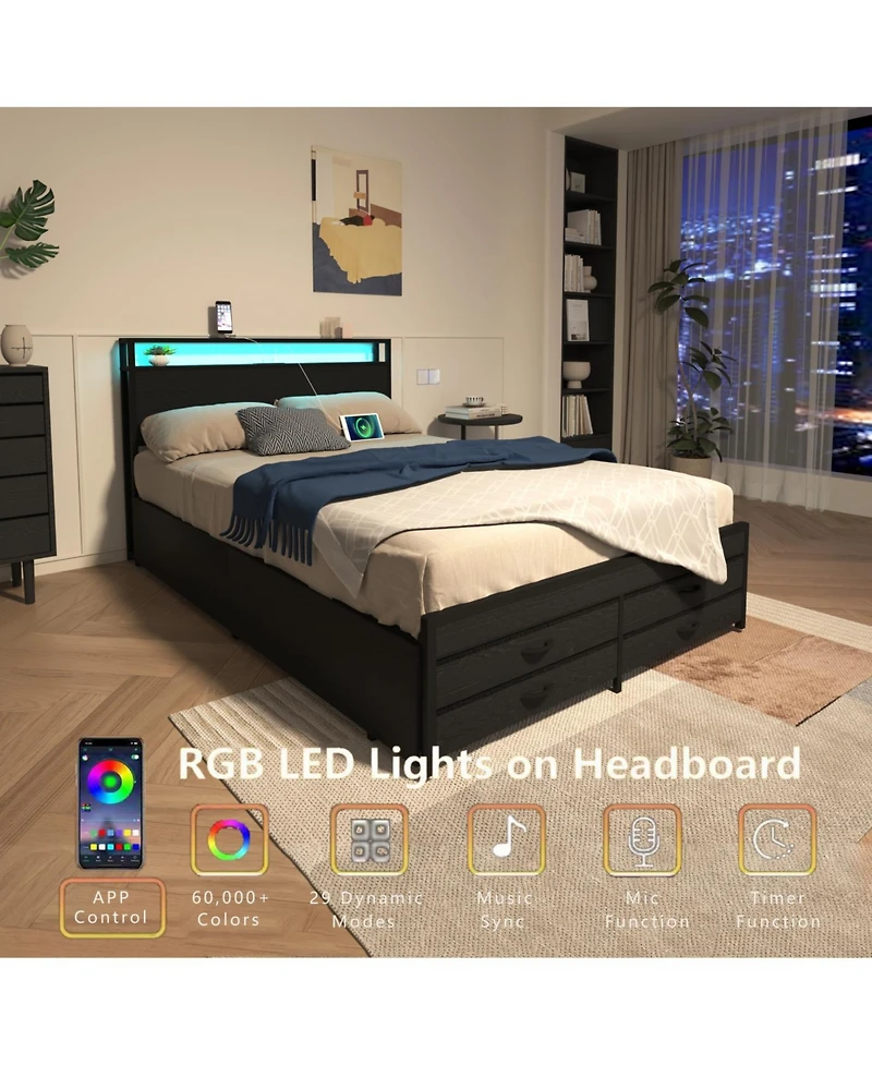 Streamdale Furniture Streamdale Full Size Bed Frame with 8 Storage Drawers & Led Headboard