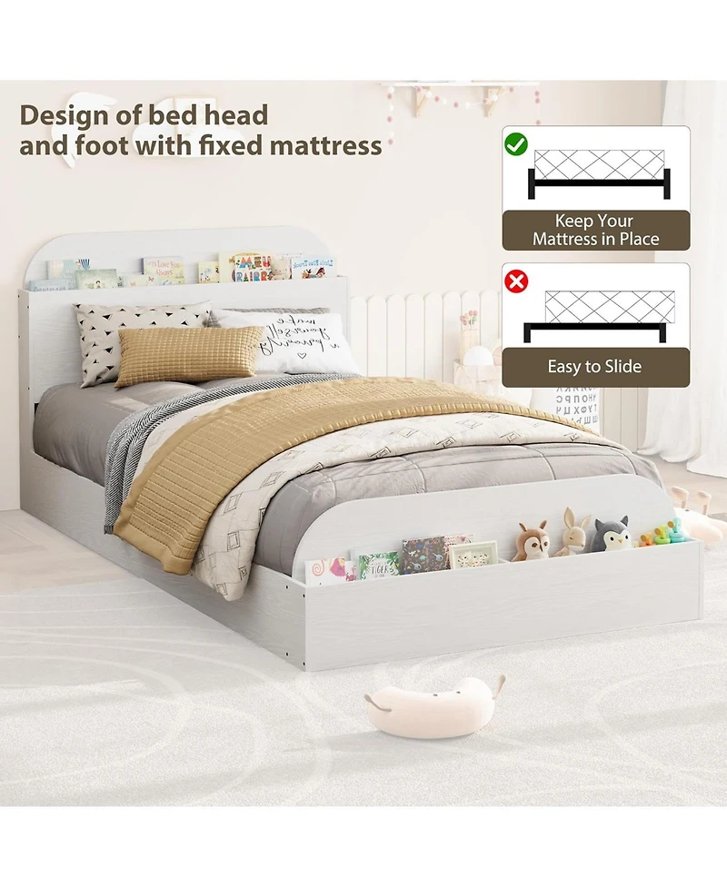 Twin Size Kids Bed Frame with Storage Headboard & Footboard, Low Profile Wood Platform, Strong Slats, White
