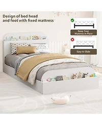 Twin Size Kids Bed Frame with Storage Headboard & Footboard, Low Profile Wood Platform, Strong Slats, White