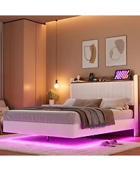 gaomon Queen Size Floating Bed Frame with Led Lights, Charging Station, Storage Headboard, No Box Spring Needed, White