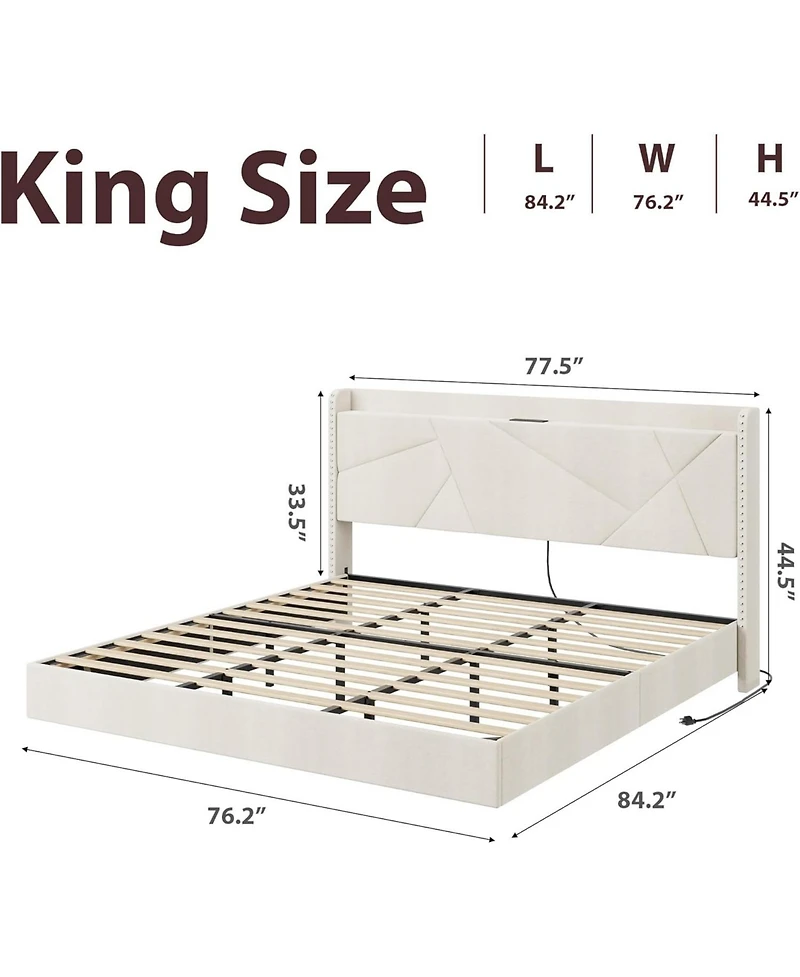 gaomon King Size Floating Bed Frame with Led Lights, Charging Station, Storage Headboard, Folding Shelf, Metal Slats, Beige