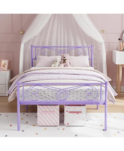 gaomon Twin Size Bed Frame for Kids Metal Bed with Headboard & Footboard Heavy Duty Slats No Box Spring Purple
