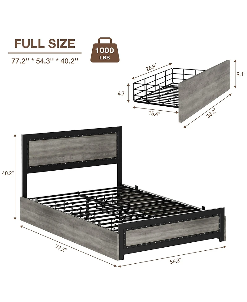 gaomon Full Bed Frame with Headboard Industrial Platform Charging Station 4 Storage Drawers Metal Slats Grey
