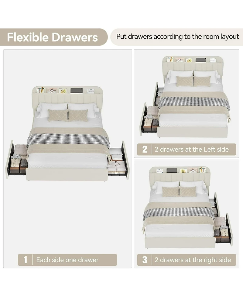 gaomon Full Size Boucle Upholstered Platform Bed Frame with Storage Headboard Bookcase 2 Drawers No Box Spring Beige White