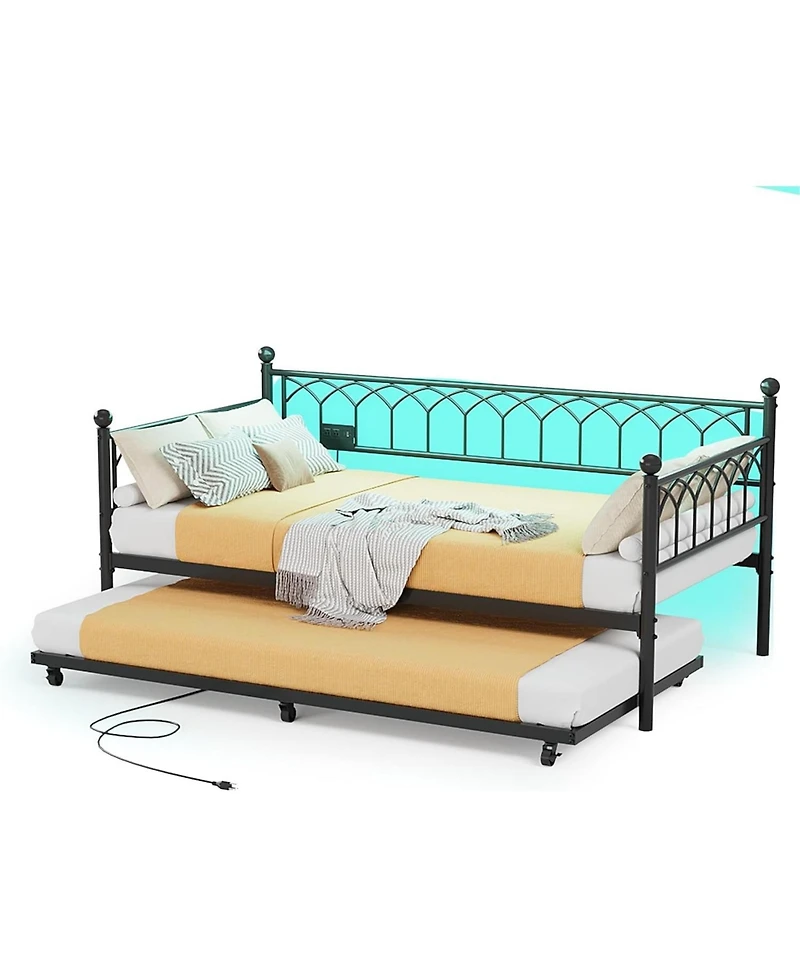 gaomon Twin Size Metal Daybed with Trundle Charging Station Led Lights Sofa Bed for Living Room Guest Room Apartment Black