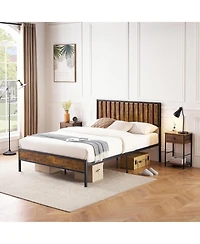 gaomon Platform Bed with Wooden Headboard and Footboard, 14-Bar Steel Support Frame, Strong Noise-Free Structure, No Box Spring Needed, Brown