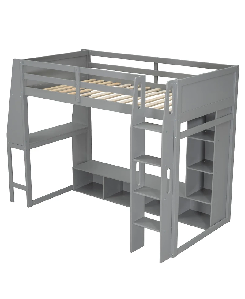 Flynama Gray Wood Twin Size Gaming Loft Bed w Built In Desk Storage Cabinets Hanging Clothes Rack Led Lighting Kids Teens Bedroom Furniture