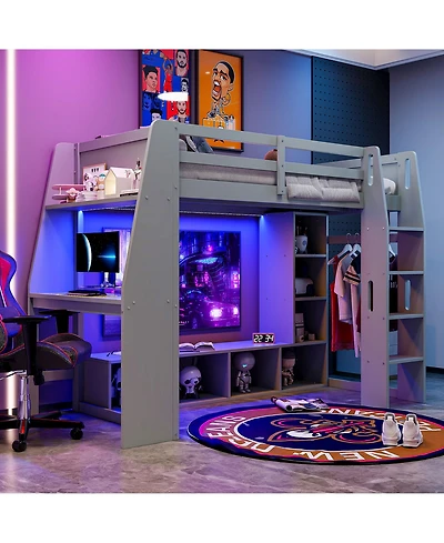 Flynama Gray Wood Twin Size Gaming Loft Bed w Built In Desk Storage Cabinets Hanging Clothes Rack Led Lighting Kids Teens Bedroom Furniture