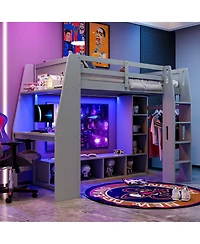 Flynama Gray Wood Twin Size Gaming Loft Bed w Built In Desk Storage Cabinets Hanging Clothes Rack Led Lighting Kids Teens Bedroom Furniture