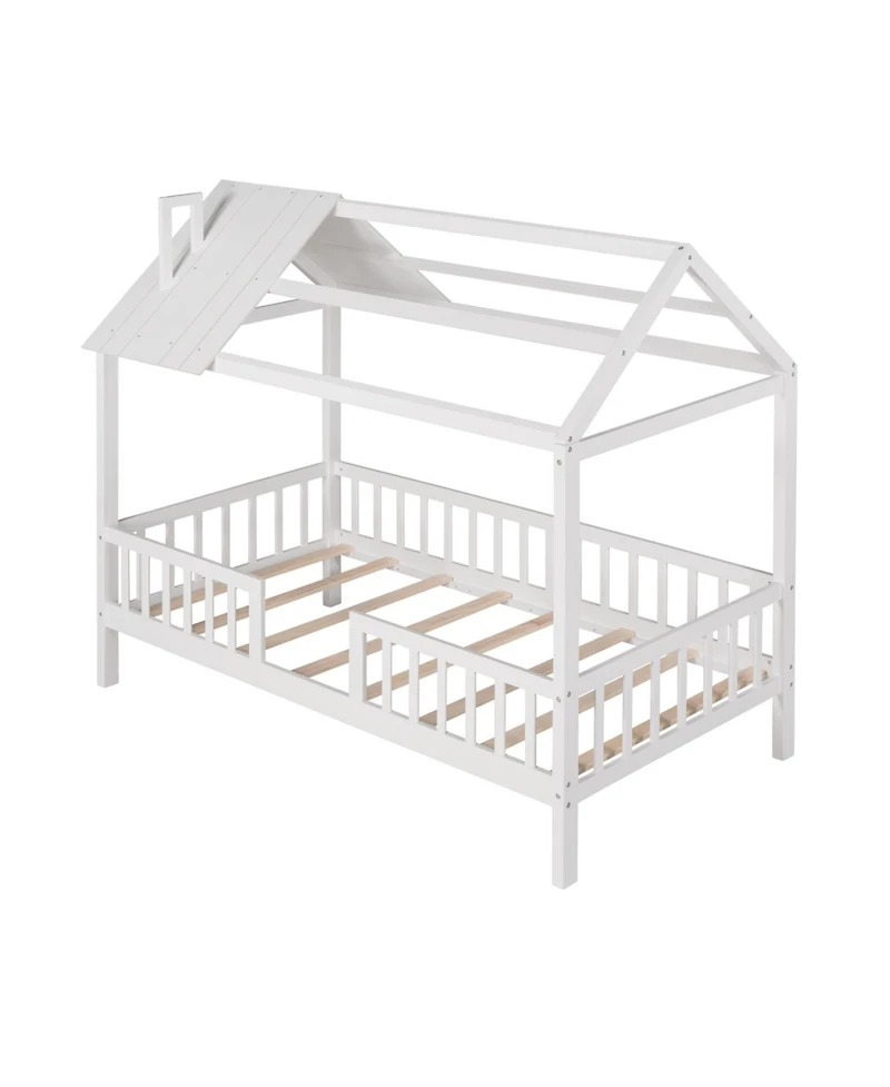 Streamdale Furniture Twin Wood House Bed with Fence, White+Gray