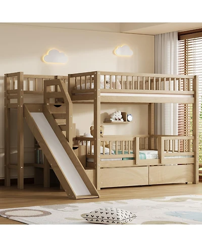 Streamdale Furniture Twin over Bunk Bed w/ Storage Stairs, Slide, 2 Drawers, Walnut