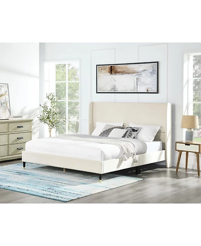Streamdale Furniture Rozitta Beige Velvet Wingback Platform Bed, Queen