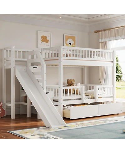 Streamdale Furniture Twin over Twin Bunk Bed w/ Storage Stairs, Slide, 2 Drawers, Walnut