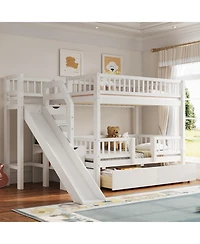 Streamdale Furniture Twin over Twin Bunk Bed w/ Storage Stairs, Slide, 2 Drawers, Walnut