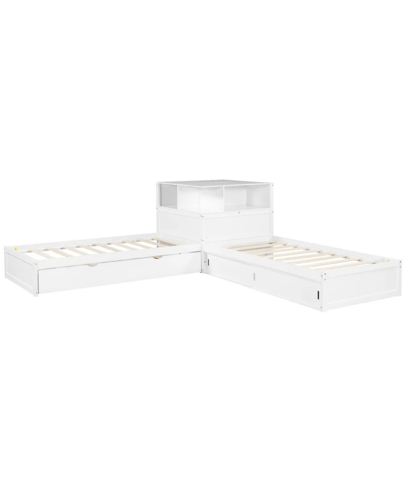 Streamdale Twin L-Shaped Platform Bed with Storage, Desk, Trundle & Led