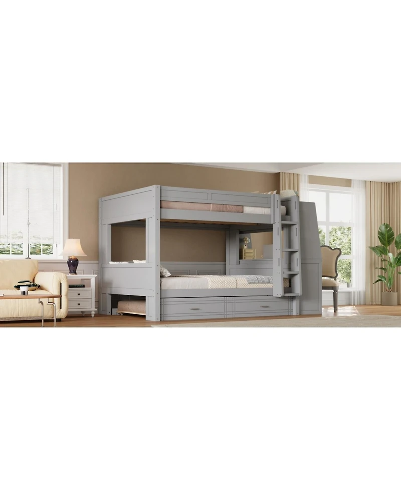 Streamdale Full size Multifunctional Bunk Bed with Desk and Bookshelves, Trundle, Gray
