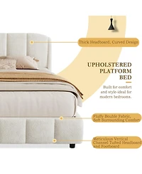 Streamdale Furniture Boucle Fabric Platform Bed with Curved Headboard