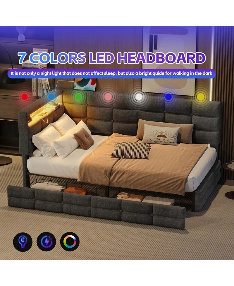 Streamdale Furniture Upholstered Twin Daybed with 2 Drawers, Led Lights & Charging, Gray