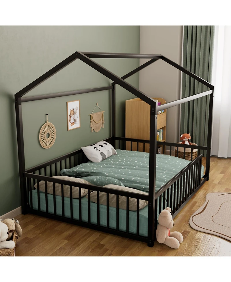 Streamdale Furniture Montessori Metal House Bed Frame - Kids/Toddler, No Slats, Black