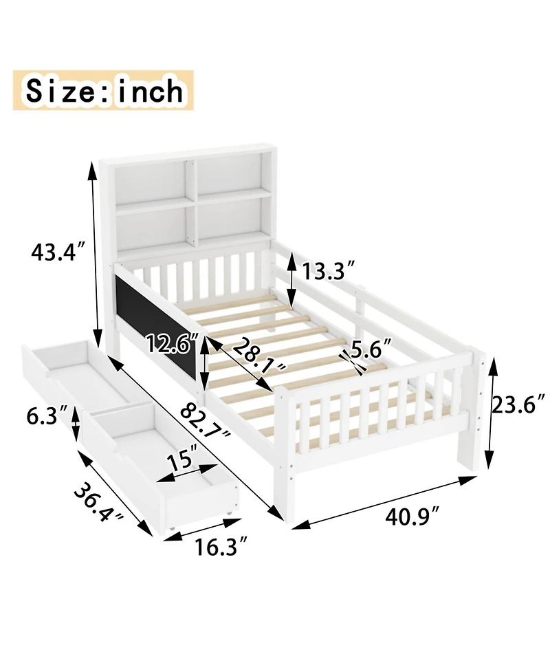Streamdale Twin Platform Bed with Chalkboard, Storage, and Shelves, White
