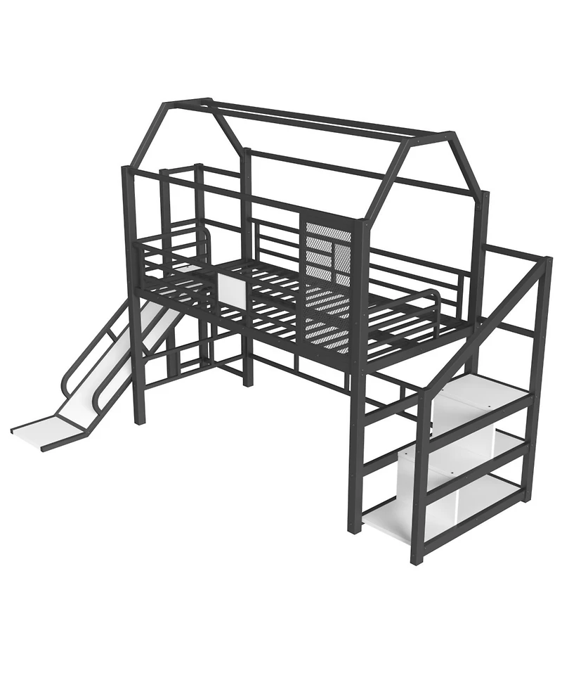 Streamdale Furniture Streamdale Twin Loft Bed with Slide, Stairs, Storage & House Roof - Black