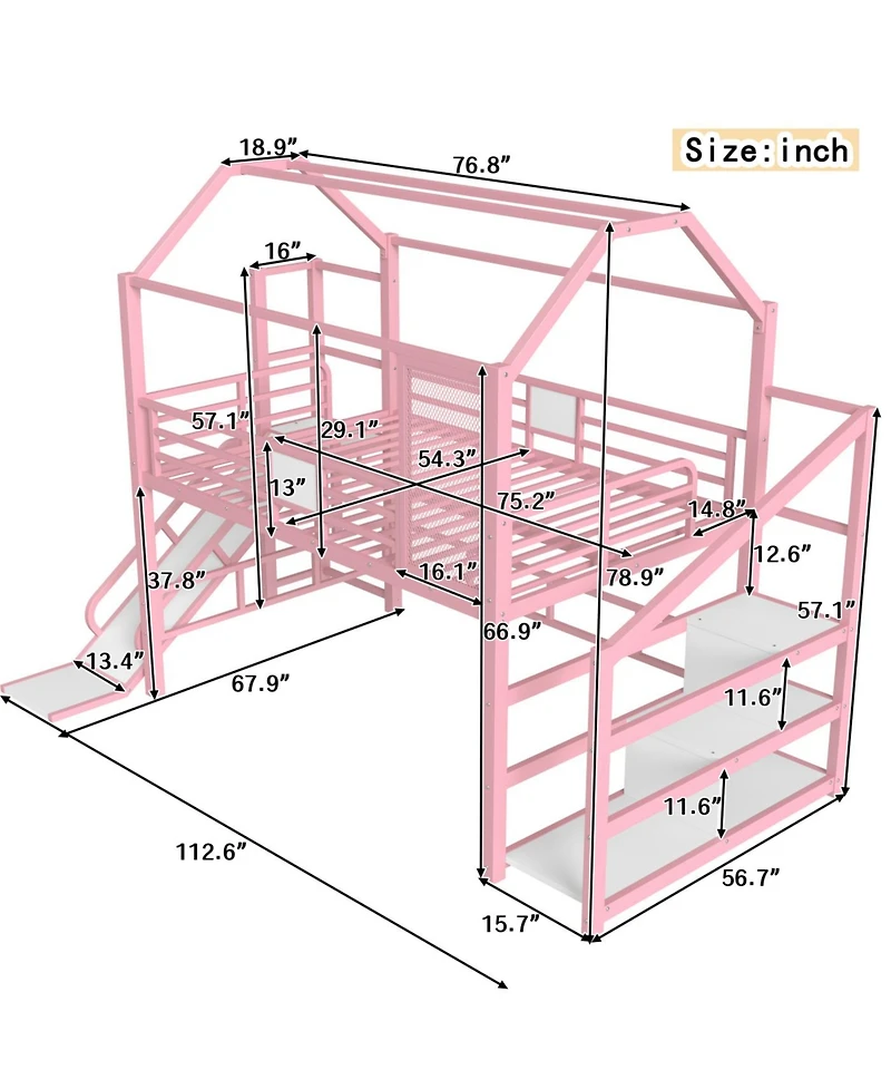 Streamdale Furniture Full House Loft Bed with Slide, Stairs, Storage, Pink