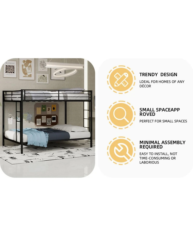 Streamdale Furniture Multi-Functional Square Tube Iron Bunk Bed, Full-Size Upper/Lower, Robust Metal Frame