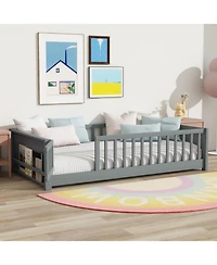 Streamdale Furniture Twin Size Floor Bed with Built-in Book Rack and Door, Grey