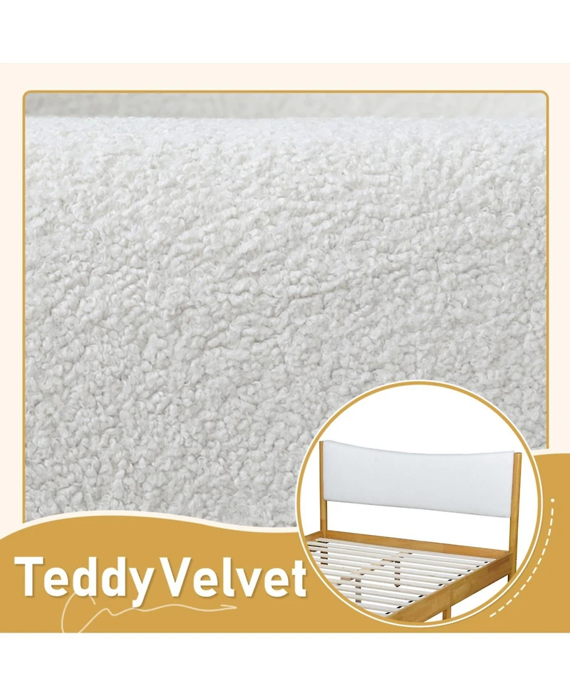 Streamdale Queen Size Solid Rubber Wood Bed with Boucle Headboard, Beech White