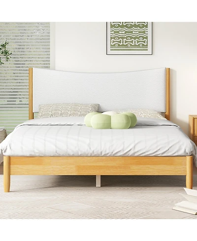Streamdale Queen Size Solid Rubber Wood Bed with Boucle Headboard, Beech White