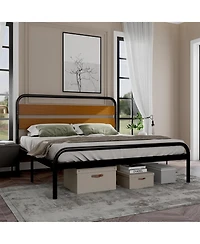 King Size Bed Frame, Heavy Duty Platform Frame with Wooden Headboard and Under-Bed Storage, Noise Free Design Mattress Foundation, Easy Assembly
