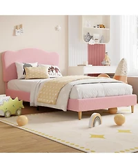 Gaomon Bed Frame for Kids, Upholstered Platform Bed with Cute Boucle Velvet Headboard for Girls, No Box Spring Needed, Easy Assembly