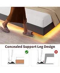 gaomon Floating Bed Frame with Led Lights & Usb Charging Station, Upholstered Platform Storage Headboard and Foldable Shelves