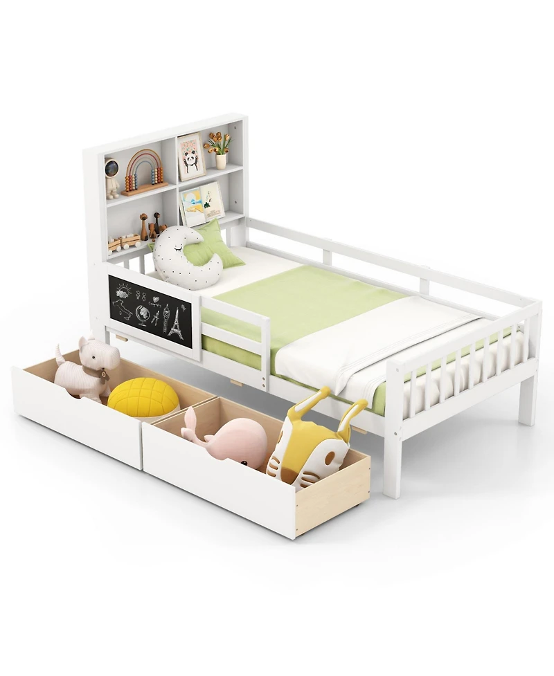 Slickblue Wooden Built-In Bookcase, 2 Storage Drawers, Guardrails, Durable Design Storage Bed
