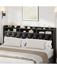 gaomon Velvet King Size Bed Frame with 4 Storage Drawers, Tufted Headboard, Nailhead Trim – Platform Bed