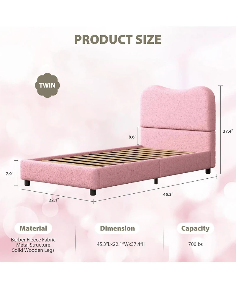 gaomon Twin Size Pink Velvet Upholstered Kids Bed Frame with Headboard, Low Profile, Cozy, Sturdy Wood Slats, Easy Assembly